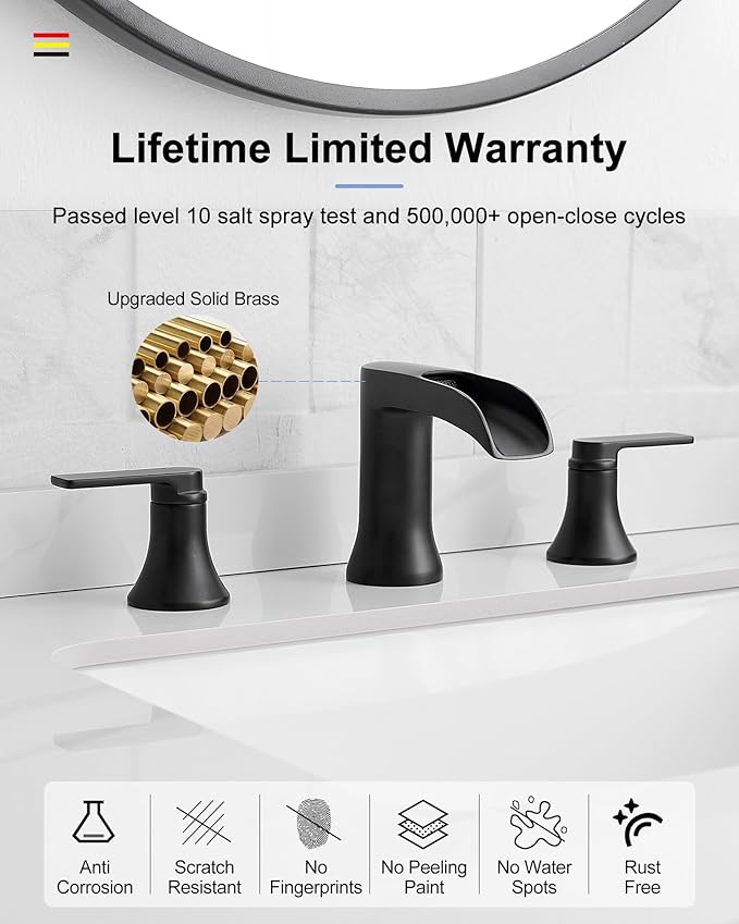 Waterfall Bathroom Sink Faucet, Brass Black Bathroom Faucet, 4-8 Inch 2 Handles Widespread Bathroom Faucets for Sink 3 Hole Vanity Lavatory Farmhouse RV with Pop Up Drain and Supply Hose