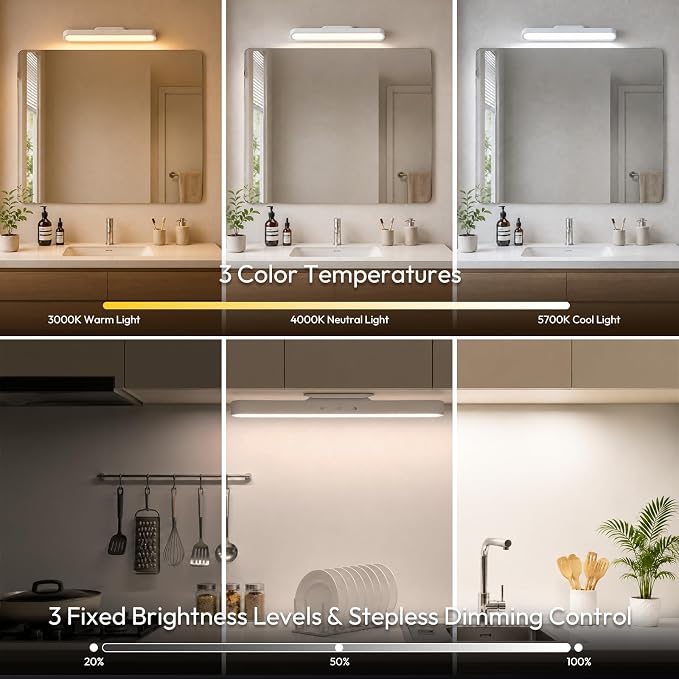 Vanity Makeup Lights for Mirror, 2600mAh Rechargeable LED Stick on Mirror Light, 3 Color Modes Stepless Dimmable Makeup Lights, Magnetic Wireless LED Lights for Bathroom Mirror, Closet (White)