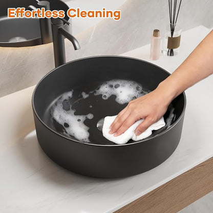 15.7" Round Vessel Sink, Matte Black Ceramic Above Counter Sink | Matte Black Finish, High-Density Ceramic, Scratch & Crack Resistant, Deep Splash Guard Basin, Easy To Clean For Bathroom