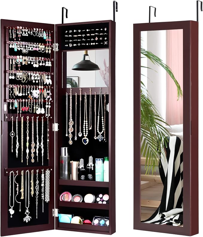 COSTWAY Full Length Mirror Jewelry Cabinet, Wall Door Mounted Jewelry Organizer with Makeup Mirror, Ring Slots and Necklace Hooks, Large Storage Jewelry Armoire for Bedroom, Dressing Room (Brown)