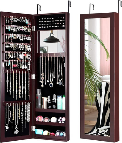 COSTWAY Full Length Mirror Jewelry Cabinet, Wall Door Mounted Jewelry Organizer with Makeup Mirror, Ring Slots and Necklace Hooks, Large Storage Jewelry Armoire for Bedroom, Dressing Room (Brown)