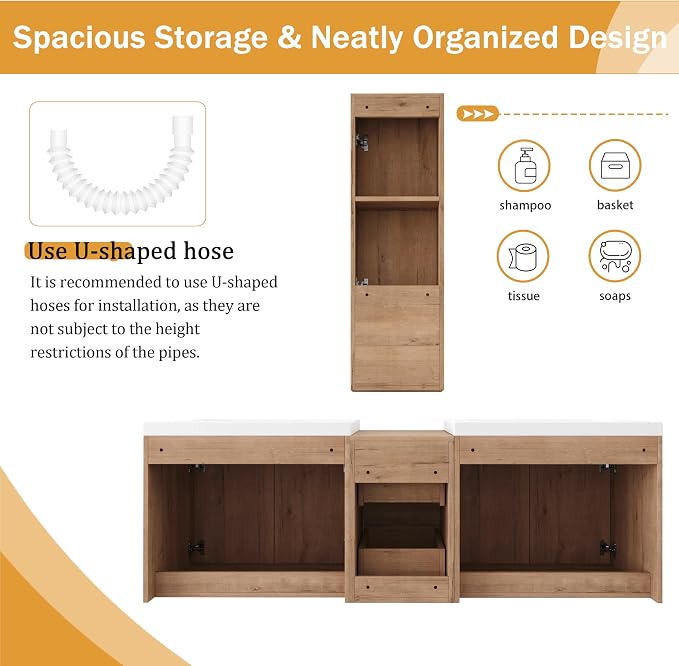 60'' Floating Bathroom Vanity with Double Sink, and 1 Side Cabinet, Brown | Double Sink Combo with 12" Side Cabinet, Plywood Cabinet, Resin Basin, Ample Storage, Soft-close Hinge, Assembly Required