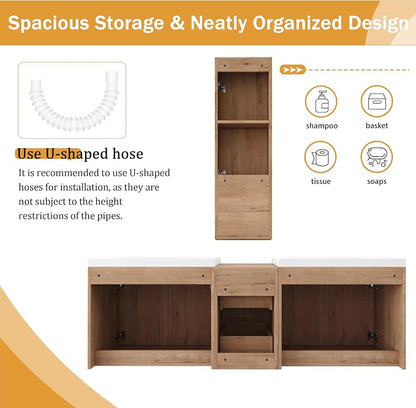 60'' Floating Bathroom Vanity with Double Sink, and 1 Side Cabinet, Brown | Double Sink Combo with 12" Side Cabinet, Plywood Cabinet, Resin Basin, Ample Storage, Soft-close Hinge, Assembly Required