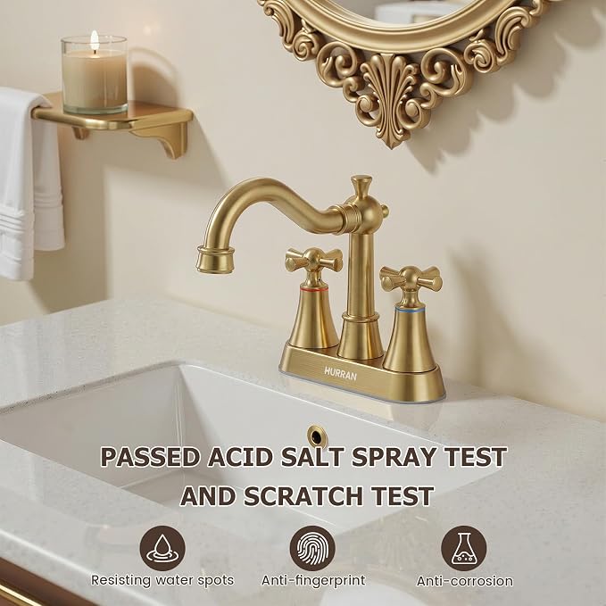 4-inch Centerset Brushed Gold Classical Bathroom Faucet, 2 Handles for 2 or 3 Hole Sink with 360° Swivel Spout, Pop Up Drain Assembly and Supply Hose for Vanity Sink Lavatory Faucet