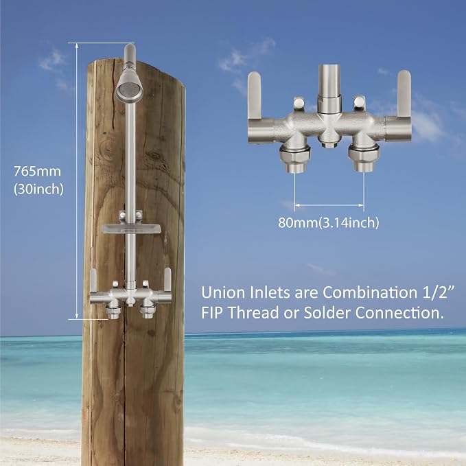 Aolemi Outdoor Shower Kit, Downward-Facing Inlets, Brushed Nickel | 3-Inch Center Hot And Cold Mixer Valve, Dual Handles, with Soap Dish For Convenient Outdoor Shower Use