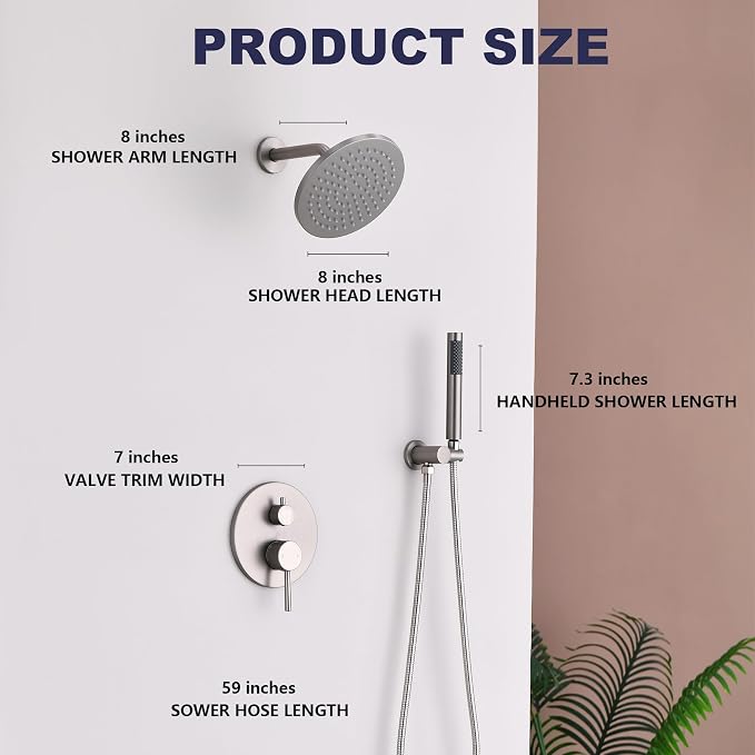 Shower System, All Metal Shower Faucet Set, Brushed Nickel | 8" Rainfall Shower Head and Handheld Spray Combo, Round Shower Head and Handle Set with Valve and Trim Kit