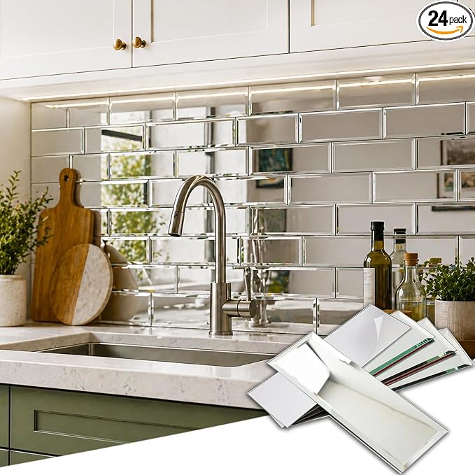 Peel and Stick Mirror Backsplash Tiles, Silver, 3x10 Inch, Beveled Mirror Subway Tiles for Kitchen Backsplash Bathroom Wall, Pack of 24 Pcs