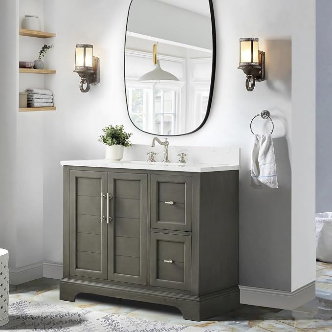 Vanity Art 36 Inch Bathroom Vanity with Single Sink, Silver Grey | Solid Wood, Ceramic Sink, Marble Top, Waterproof Backsplash, Pre-assembled, Soft-close Doors, Ample Storage, Freestanding