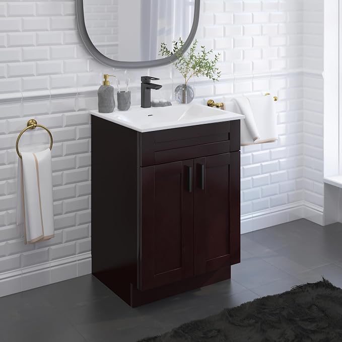 24" Espresso Shaker Bathroom Vanity Base – Ready-to-Assemble Sink Cabinet, Freestanding Bathroom Vanity Base Only, No Top or Sink