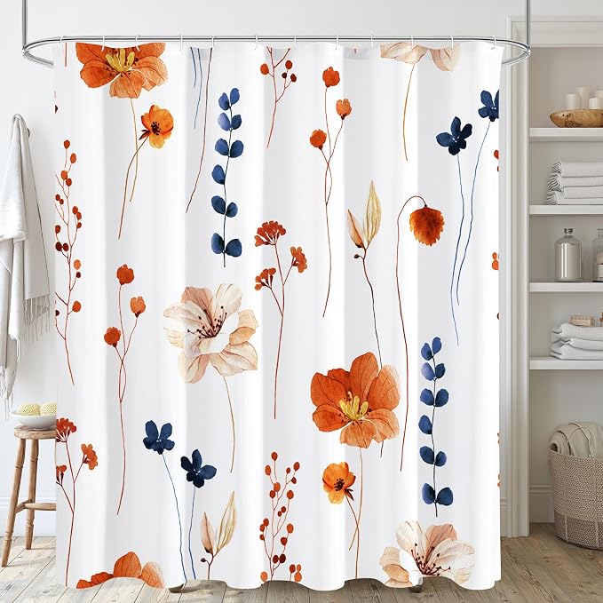Orange Navy Beige Watercolor Floral Fabric Shower Curtain, 72x72 | Waterproof Fabric, Modern Minimalist Floral Print, Machine Washable, Rustproof Grommets, for Bathroom Home