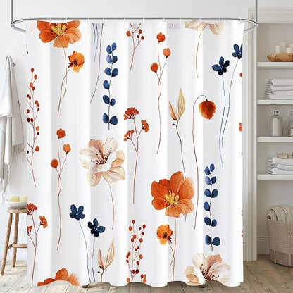 Orange Navy Beige Watercolor Floral Fabric Shower Curtain, 72x72 | Waterproof Fabric, Modern Minimalist Floral Print, Machine Washable, Rustproof Grommets, for Bathroom Home