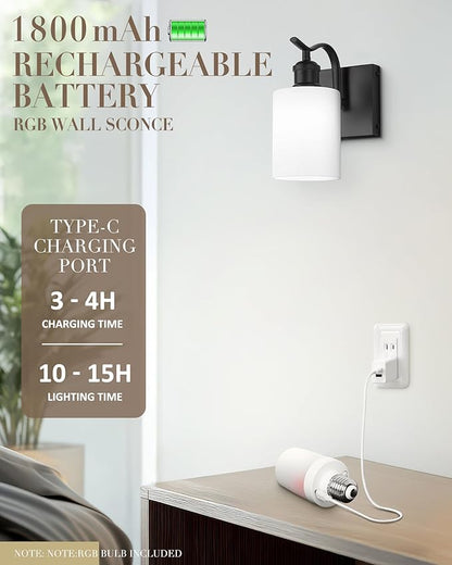 1-Light Bathroom Wall Sconce, Matte Black Modern Wall Light Fixture with Frosted Glass Shade RGB Bulb, RGB 12 Colors Modes Rechargeable Wall lamp for Bedroom Living Room, ZCVL01BK-1B
