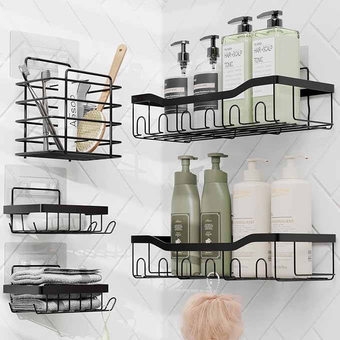 Clara Clark Bathroom Set - Sage Green Bathroom Accessories Set, 6PC Bathroom Accessory Set, Bathroom Sets with Adhesive Corner Shower Caddy Hanging, Toilet Brush, Trash Can & Soap Dispenser