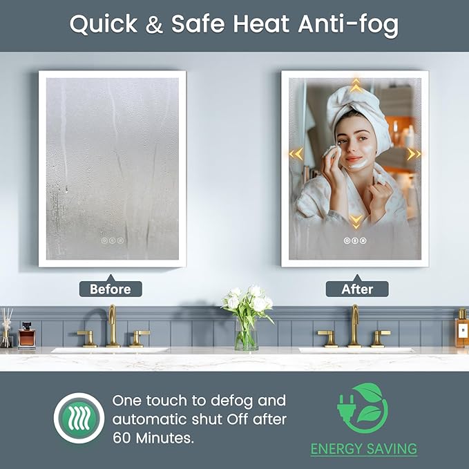 16x24 Inch Medicine Cabinet with Lights, AL Alloy Frame, Hardwired, Recessed or Wall Mount, Mirror Doors/3 Colors/Dimmable/Defog, 2 Outlets & USBs, 2 Shelves (Right Hinge)
