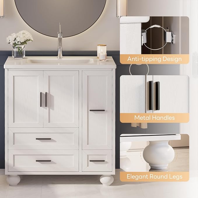 LIKIMIO 29.5" Bathroom Vanity with Sink, Hair Tool Drawer, 4 Solid Legs, 4 Drawers 2 Doors, Modern Freestanding Wooden Bathroom Cabinet with Undermount Upgraded SMC Sink, Quick Assembly, White