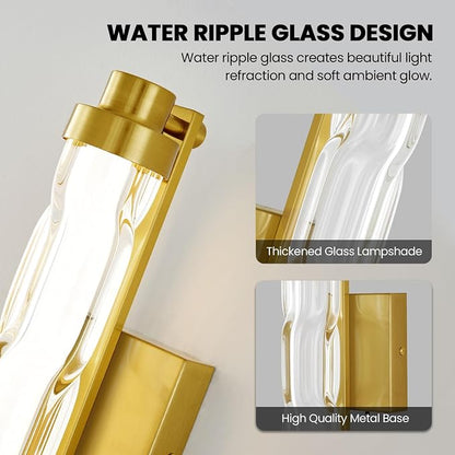 15.4" Gold Wall Sconces Set of 2, Modern Bathroom Sconces Wall Lighting with Ripple Glass Shade, 5CCT Dimmable LED Vanity Light 14W for Mirror, Bedroom, Hallway, Entryway
