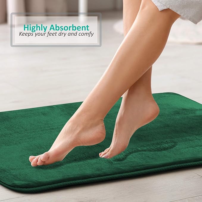Clara Clark 2 Piece Bathroom Rugs Bath Mat Set, Velvet Memory Foam Bath Mats for Bathroom - Non-Slip, PVC Backing Bath Rugs, Washable - Dries Quickly, Hunter Green