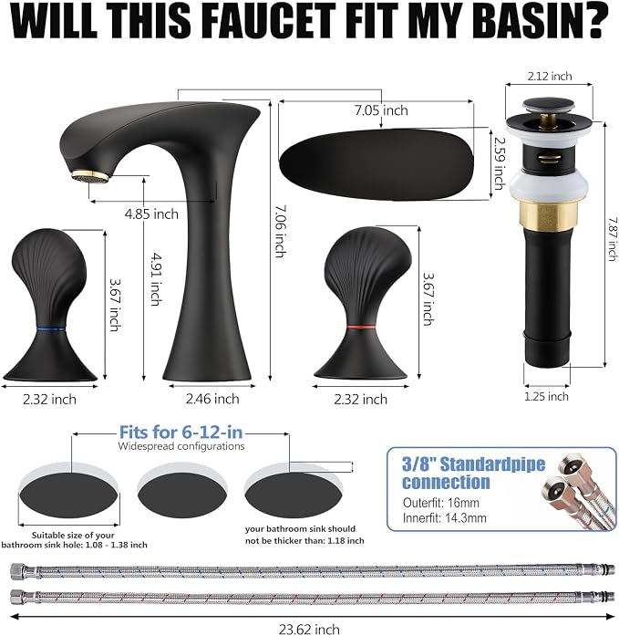Matte Black Bathroom Faucet 3 Hole, 8 Inch Widespread Bathroom Sink Faucet for Vanity, 2 Handle Bathroom Faucets, Bathroom Vanity Faucet with Pop-Up Drain and Supply Hoses
