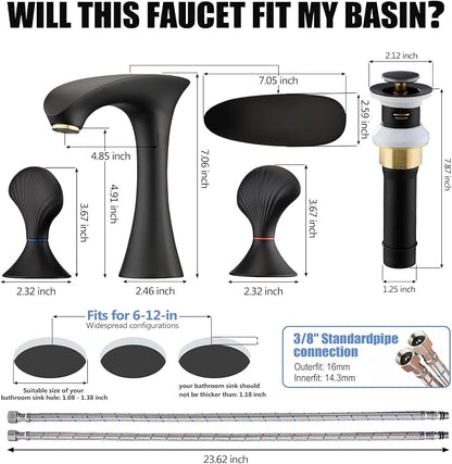 Matte Black Bathroom Faucet 3 Hole, 8 Inch Widespread Bathroom Sink Faucet for Vanity, 2 Handle Bathroom Faucets, Bathroom Vanity Faucet with Pop-Up Drain and Supply Hoses