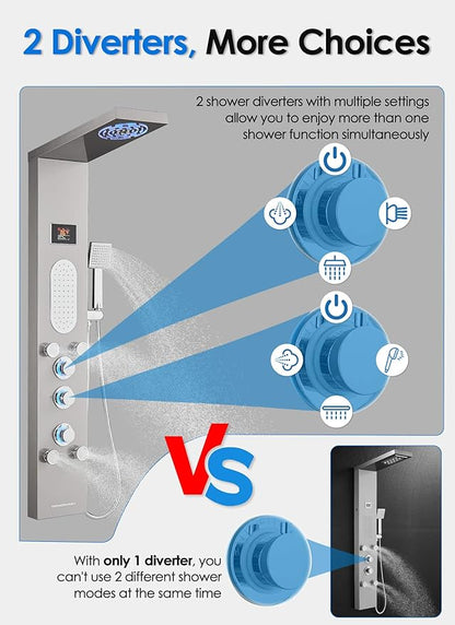 ROVOGO Shower Panel Tower System with Mist Rainfall Head, Body Jets, Handheld and Tub Spout, Hydroelectric Led Lights and Temp Display No Battery, Simultaneous Shower Column Stainless Steel, Brushed