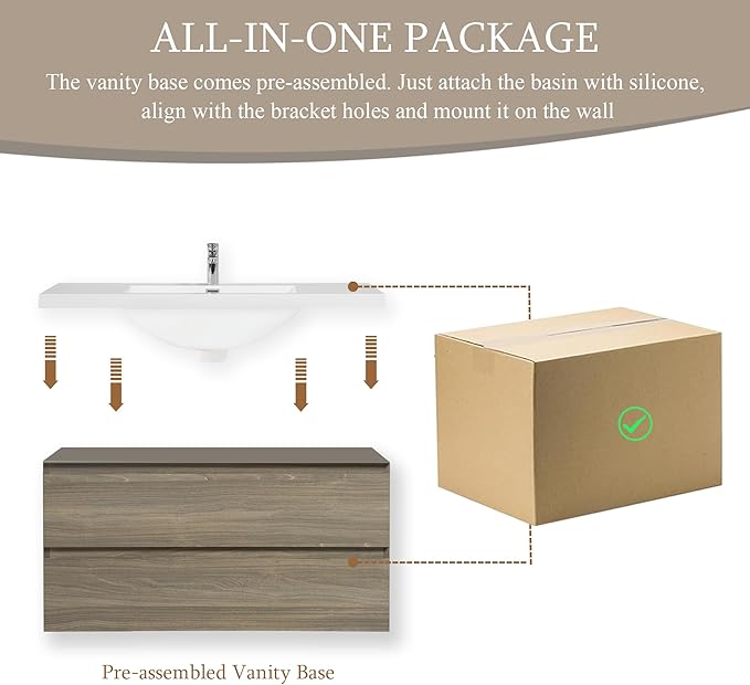 Floating Bathroom Vanity with Sink, 42" Wall-Mounted Bathroom Storage Vanity Cabinet with Resin Top Basin and Soft Close Drawers, No Assembly Required, Ash Grey