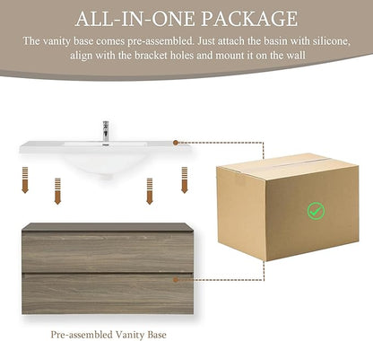 Floating Bathroom Vanity with Sink, 42" Wall-Mounted Bathroom Storage Vanity Cabinet with Resin Top Basin and Soft Close Drawers, No Assembly Required, Ash Grey