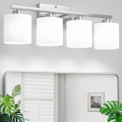 Honesorn 4-Light Bathroom Light Fixtures Over Mirror, Brushed Nickel | Bathroom Light with Milky White Frosted Shades, Anti-Rust Finish, E26 Socket(Bulbs Not Included)