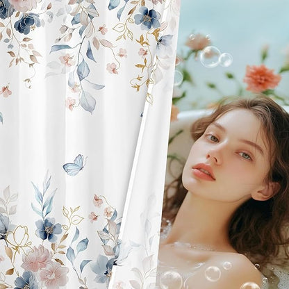 Pink Floral Butterfly Shower Curtain Blue and Gold Flower Design Country Botanical Nature Bathroom Decor with Hooks, 72 x 78 Inch