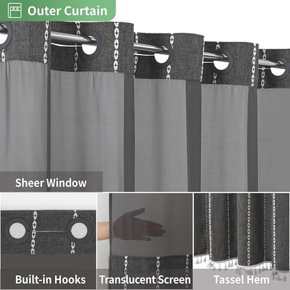 eachope Boho Farmhouse No Hook Shower Curtain with Liner,71x74,CharcoalGrey | Snap-in Liner,330GSM Thick Linen Textured Rustic Striped Design,Water-Repellent with Tassels and Sheer Window for Bathroom
