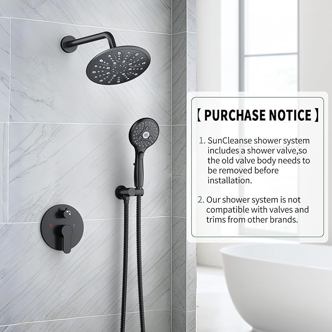 Suncleanse Black Shower Faucet Sets - 8.5" Rain Shower Head Combo with 7-Setting handheld Spray Complete Shower System - Rainfall Shower Fixtures with Rough-in Valve and Trim Kit for Luxury Bathroom