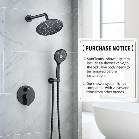 Suncleanse Black Shower Faucet Sets - 8.5" Rain Shower Head Combo with 7-Setting handheld Spray Complete Shower System - Rainfall Shower Fixtures with Rough-in Valve and Trim Kit for Luxury Bathroom