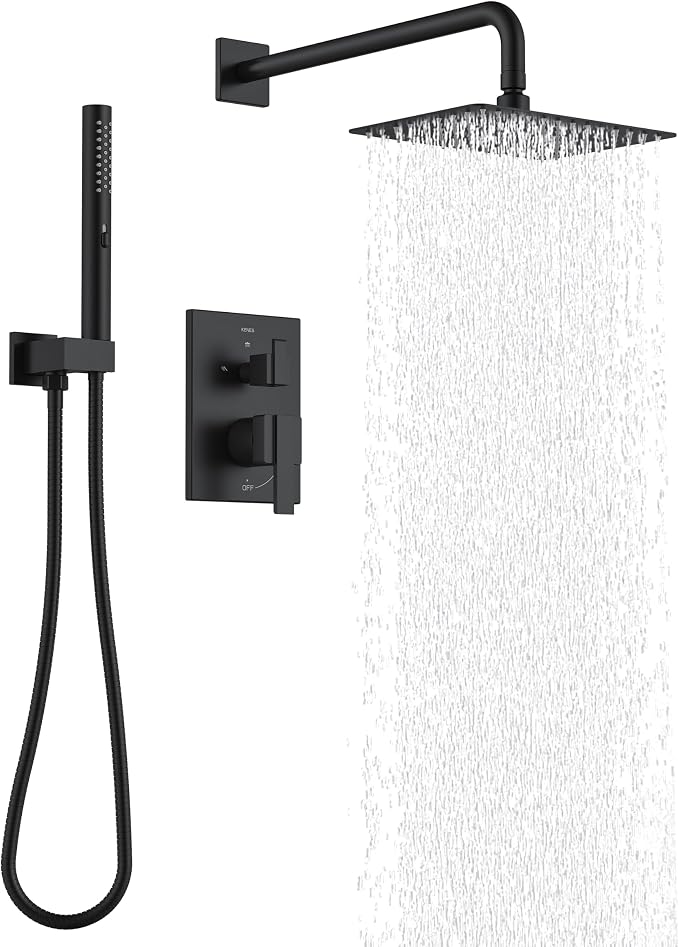 KENES Matte Black Square Rainfall Shower System Faucet Set with Handheld | Shower Faucet with 10-Inch Rain Shower Head, Square Shower System, Valve Included, Lead-Free cUPC & NSF Certified, Stainless