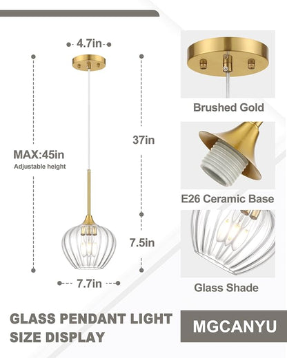 2-Pack Glass Pendant Lights Kitchen Island, 7.7" Modern Gold Pendant Lighting Adjustable Hanging Light Fixtures for Kitchen, Dining Room, Bathroom, Bedroom