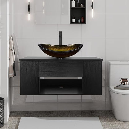 36 Inch Black Floating Bathroom Vanity with 2-Doors and 1-Drawer, Modern Wall Mounted Cabinet with Gold Boat Vessel Sink Top