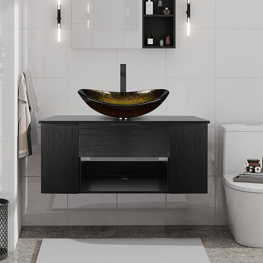 36 Inch Black Floating Bathroom Vanity with 2-Doors and 1-Drawer, Modern Wall Mounted Cabinet with Gold Boat Vessel Sink Top