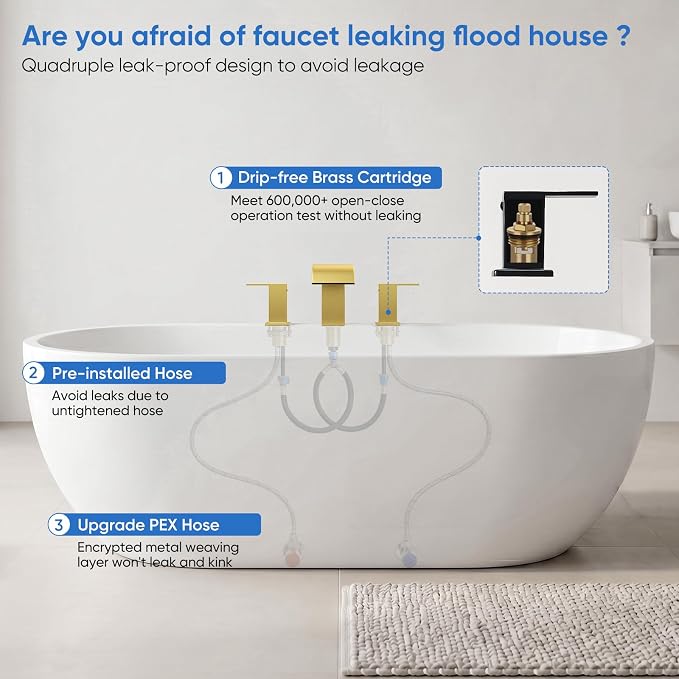 RUMOSE Roman Bathtub Faucet Set Waterfall Tub Faucets Brushed Gold | High Flow Widespread 6-16 Inch 3 Holes Deck Mount Tub Filler 2 Handles Bathtub Filler Soaking Bath Faucet