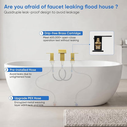RUMOSE Roman Bathtub Faucet Set Waterfall Tub Faucets Brushed Gold | High Flow Widespread 6-16 Inch 3 Holes Deck Mount Tub Filler 2 Handles Bathtub Filler Soaking Bath Faucet