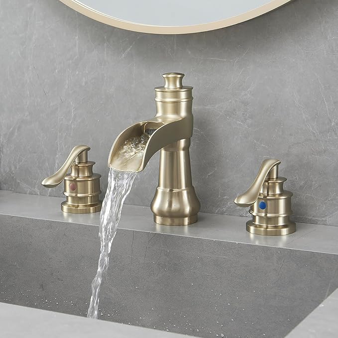 Two Handle Widespread Bathroom Faucet 3 Holes Brushed Gold | Waterfall Spout, Mixer Tap, With Pop Up Drain and Supply Lines, Solid Brass Construction, Neutral Vintage Tone