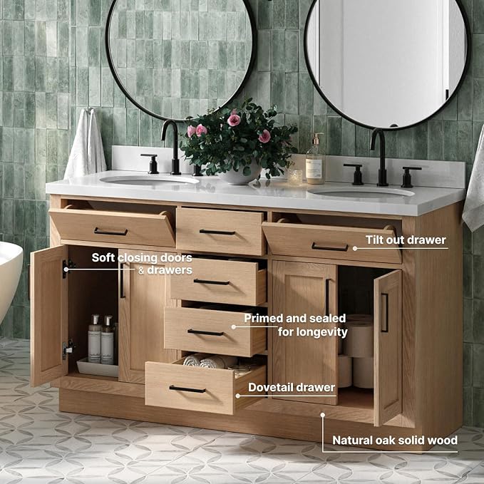 ARIEL Hepburn 60-inch Bathroom Vanity Base Cabinet,Solid Wood, 4 Soft Closing Doors, 6 Dovetail Drawers, White Oak