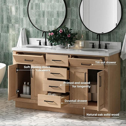 ARIEL Hepburn 60-inch Bathroom Vanity Base Cabinet,Solid Wood, 4 Soft Closing Doors, 6 Dovetail Drawers, White Oak