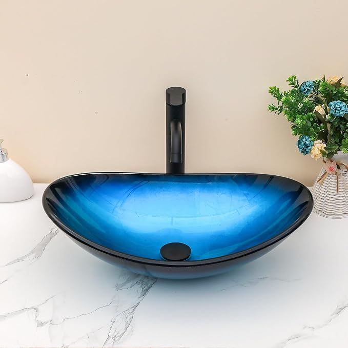 Sarlai Blue Boat Shap Bathroom Vessel Sink with Black Faucet and Pop Drain 21 x 14 Inch Modern Artistic Tempered Glass Basin Countertop Bowl Sink