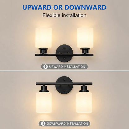 Unicozin 2 Light Bathroom Light Fixtures, Modern Vanity Lights with Milky Glass Shade, Black Wall Lamp Over Mirror for Bathroom, Living Room, Cabinet, Bedroom, E26 Base