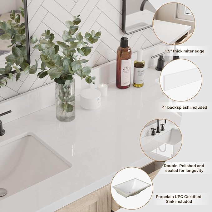 ARIEL 73 inch Double Bathroom Vanity top with Sink, 1.5 Inch Thick Miter Edge White Quartz top, Rectangle Double Sink Vanity top, Includes Backsplash