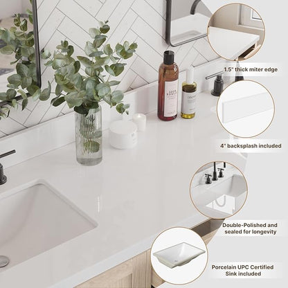 ARIEL 73 inch Double Bathroom Vanity top with Sink, 1.5 Inch Thick Miter Edge White Quartz top, Rectangle Double Sink Vanity top, Includes Backsplash