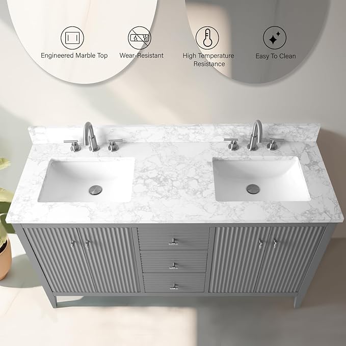 Vanity Art 60 inch Bathroom Vanity with Double Sink & Ceramic Top, Vanity Cabinet with Soft-Closing Door, Solid Wood Frame, Linear Pattern, Cashmere Gray, Golden Brushed Handware VA9160-DG-GB