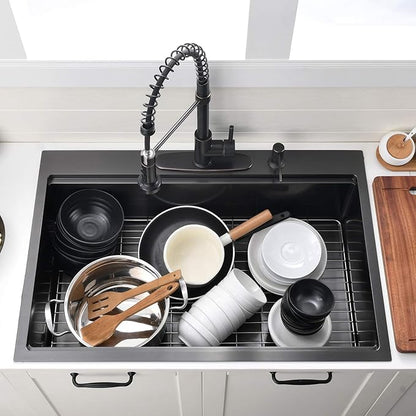 30 Inch Black Drop in Kitchen Sink Workstation -VOKIM 30 x 22 - Inch Drop in sink 16 Gage Stainless Steel TopMount sink Single Bowl 10'' Deep Kitchen Sink with Cutting Board