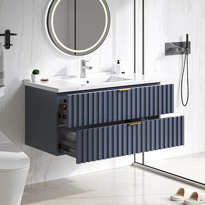 ONBRILL 36 Inch Bathroom Vanity with Sink Combo, Floating Bathroom Vanity with 2 Fluted Drawers & Metal Handle, Modern Wall Mount Storage Cabinet with Ceramic Integrated Sink for Small Space (Blue)