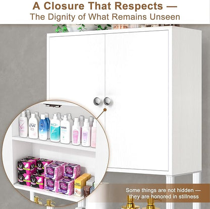 Over-The-Toilet Storage Rack, 4-Tier Bathroom Organizer Shelf Over Toilet with Barn Doors Cabinet and Basket, Freestanding Space Saver Wooden Bathroom Shelves with Paper Holder Above Toilet (White)