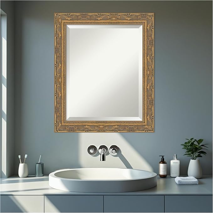 Amanti Art Gold Bathroom Mirror for Over Sink, 24x20 Filigree Gold Rectangle Vanity Mirror, Small Traditional Frame, Hangs Horizonally and Vertically, Bathroom Wall Decor, Beveled Edge