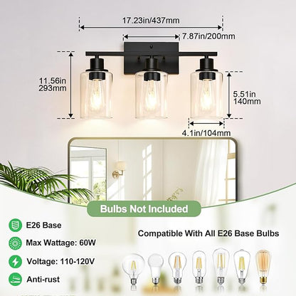 3 Light Bathroom Light Fixtures, Matte Black Modern Vanity Lights with Clear Glass Shade, Bathroom Wall Lamp for Mirror Kitchen Living Room Hallway Cabinet Porch
